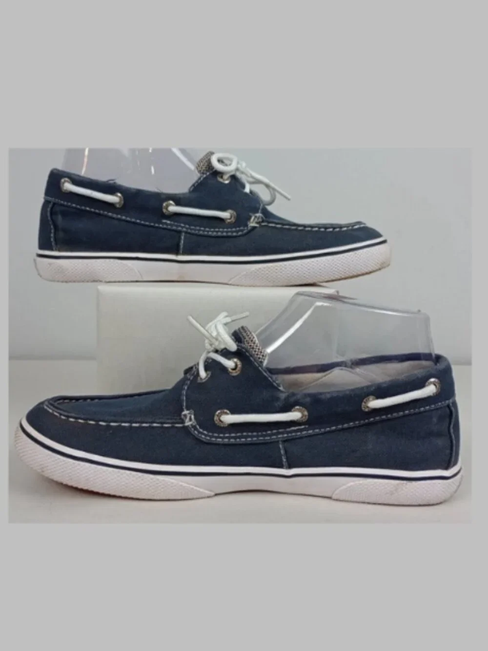 Sperry Top Sider Halyard Mens‎ 4M Blue Canvas 2 Eye White Tie Slip On Boat Shoes